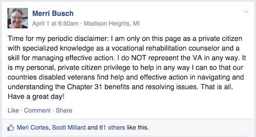 Merri Busch Public Disclaimer on Facebook