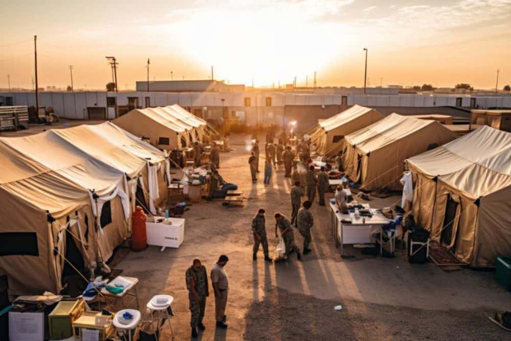 A military field hospital with tents and medical personnel